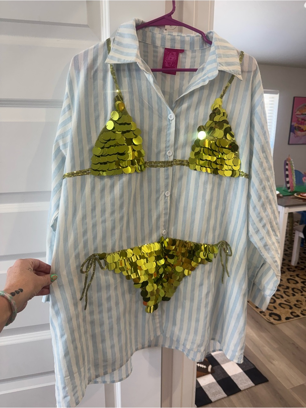 Queen of sparkles- Sequin Bikini Striped Button-Up coverup- never worn